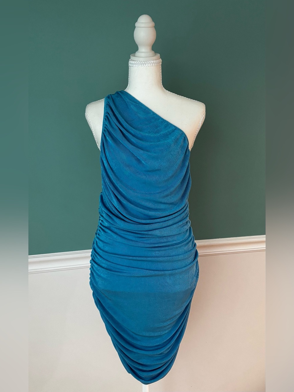 Blue One Shoulder Ruched Bodycon Mini Dress Vacation Club Glam L Lioness